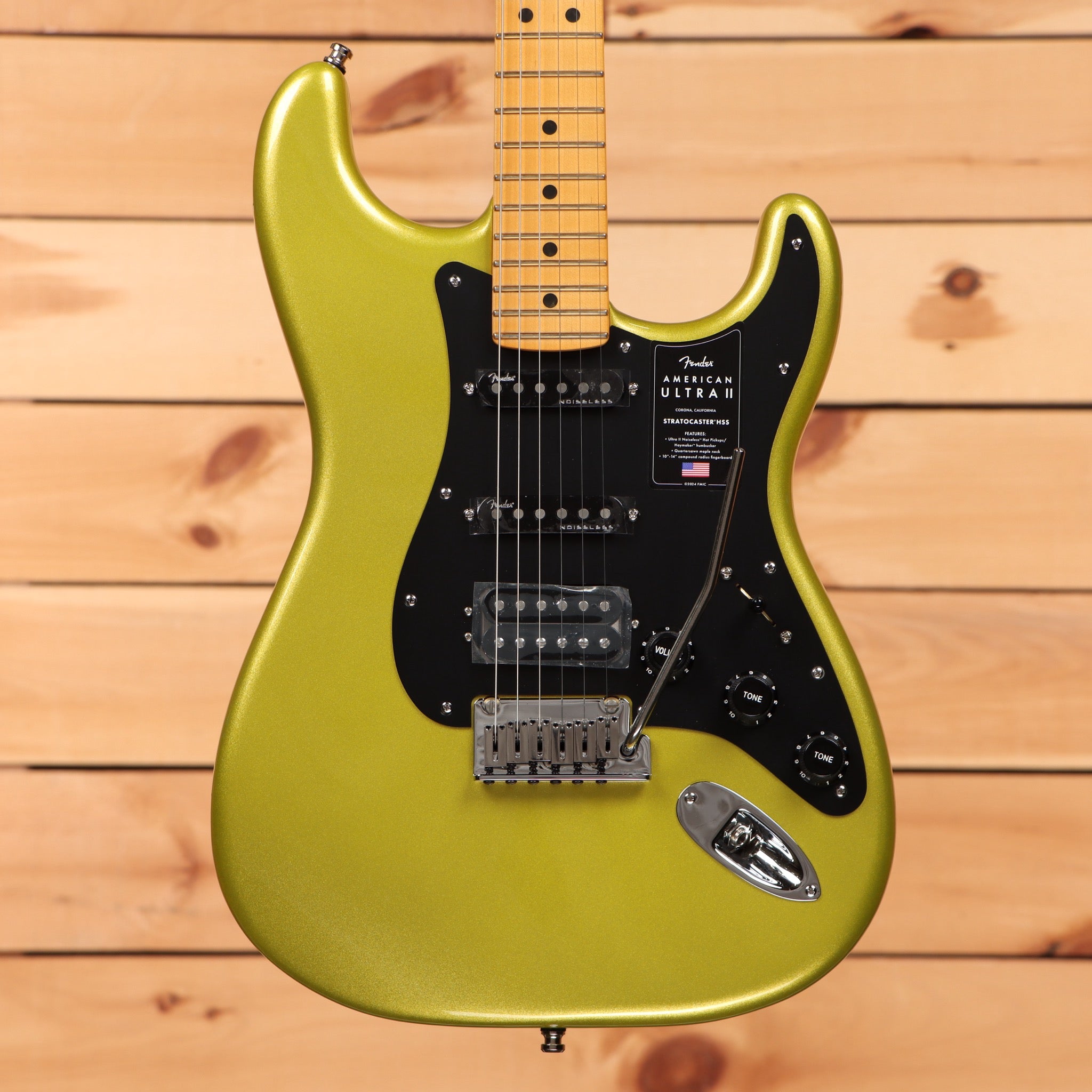 Fender American Ultra II Stratocaster HSS electric guitar Solar Flare with black pickguard and maple neck