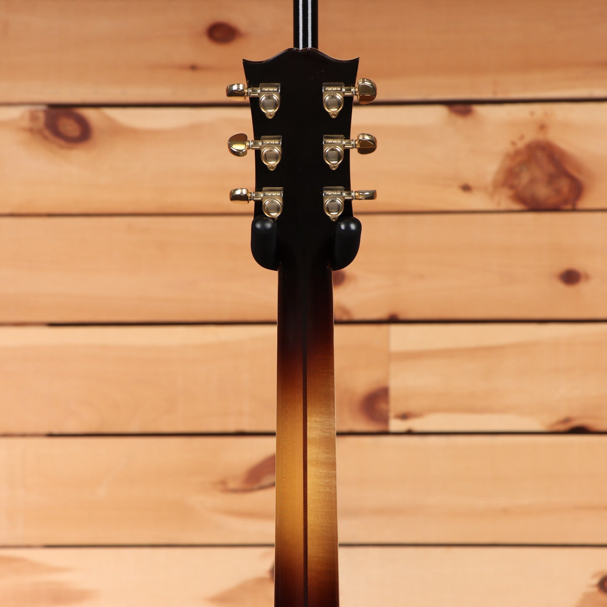 Gibson SJ-200 Standard acoustic guitar Sunburst rear headstock view with gold tuning machines and sunburst neck