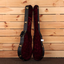 Gibson 68 Les Paul Custom Figured Tri-Burst hardshell guitar case open showing black exterior with burgundy velvet interior a