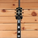 Gibson 68 Les Paul Custom Figured Tri-Burst electric guitar headstock with gold tuners and block inlays