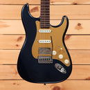 Shabat Custom Lynx HSS electric Stratocaster-style guitar Aged Mercedes Blue Metallic with gold pickguard and SSH pickups