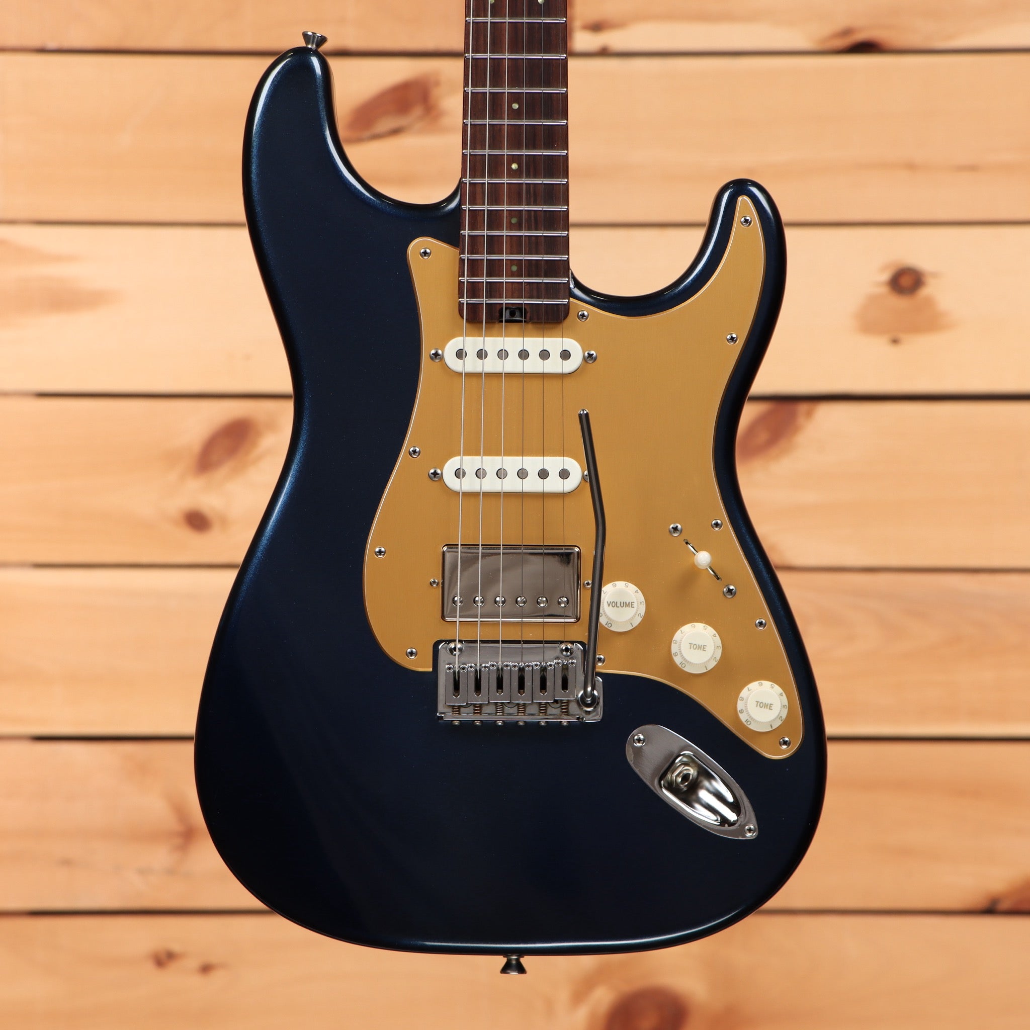 Shabat Custom Lynx HSS electric Stratocaster-style guitar Aged Mercedes Blue Metallic with gold pickguard and SSH pickups