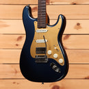 Shabat Custom Lynx HSS electric Stratocaster-style guitar Aged Mercedes Blue Metallic with gold pickguard and rosewood fretbo