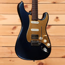Shabat Custom Lynx HSS electric Stratocaster Aged Mercedes Blue Metallic with gold pickguard and SSH pickup configuration