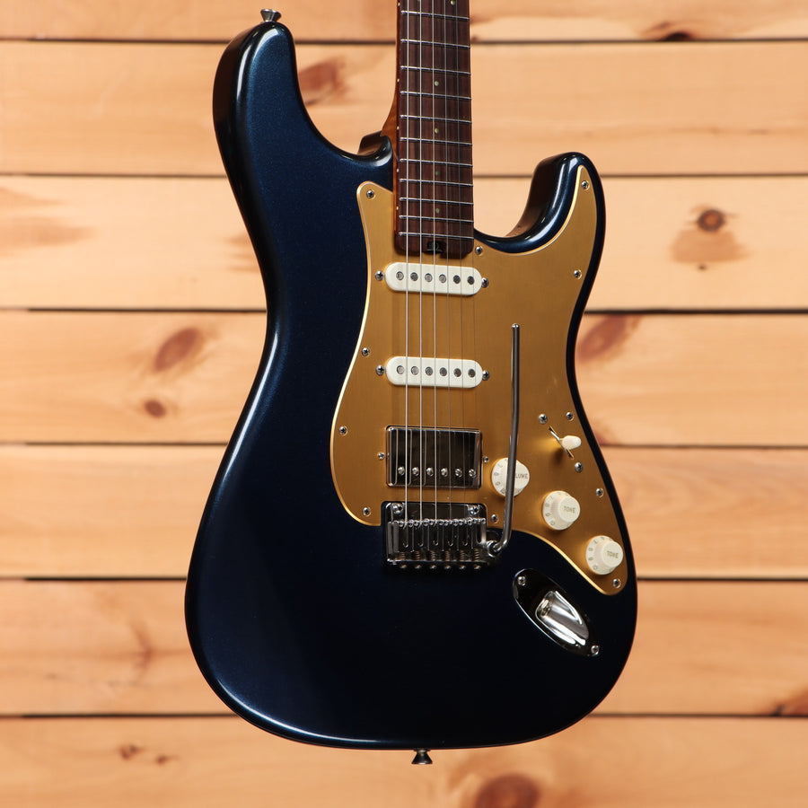 Shabat Custom Lynx HSS electric Stratocaster Aged Mercedes Blue Metallic with gold pickguard and SSH pickup configuration