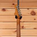 Shabat Custom Lynx HSS electric guitar Aged Mercedes Blue Metallic with flamed maple neck back headstock view