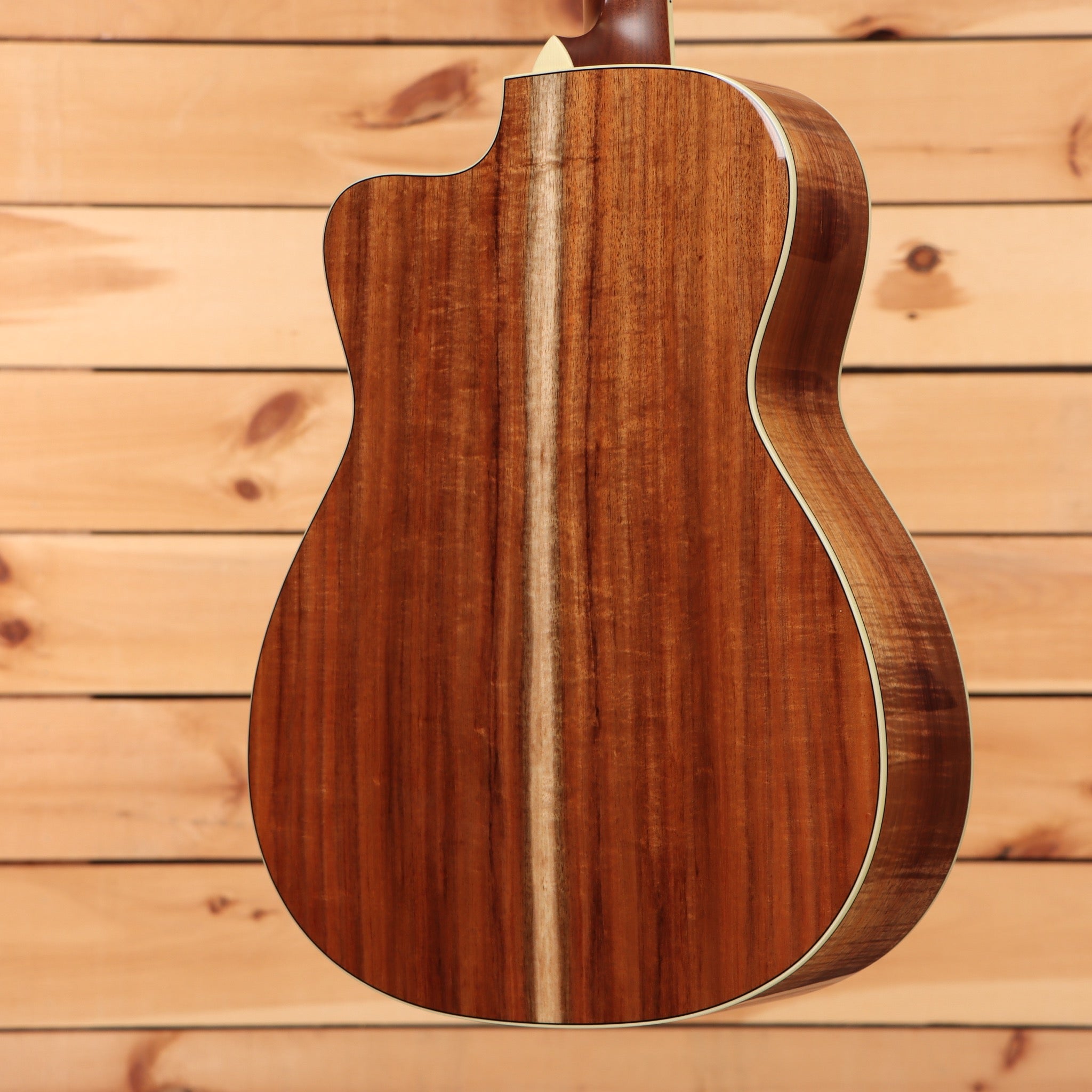 Bourgeois Downeast GAC Koa acoustic guitar Natural finish with figured koa back and cream binding cutaway