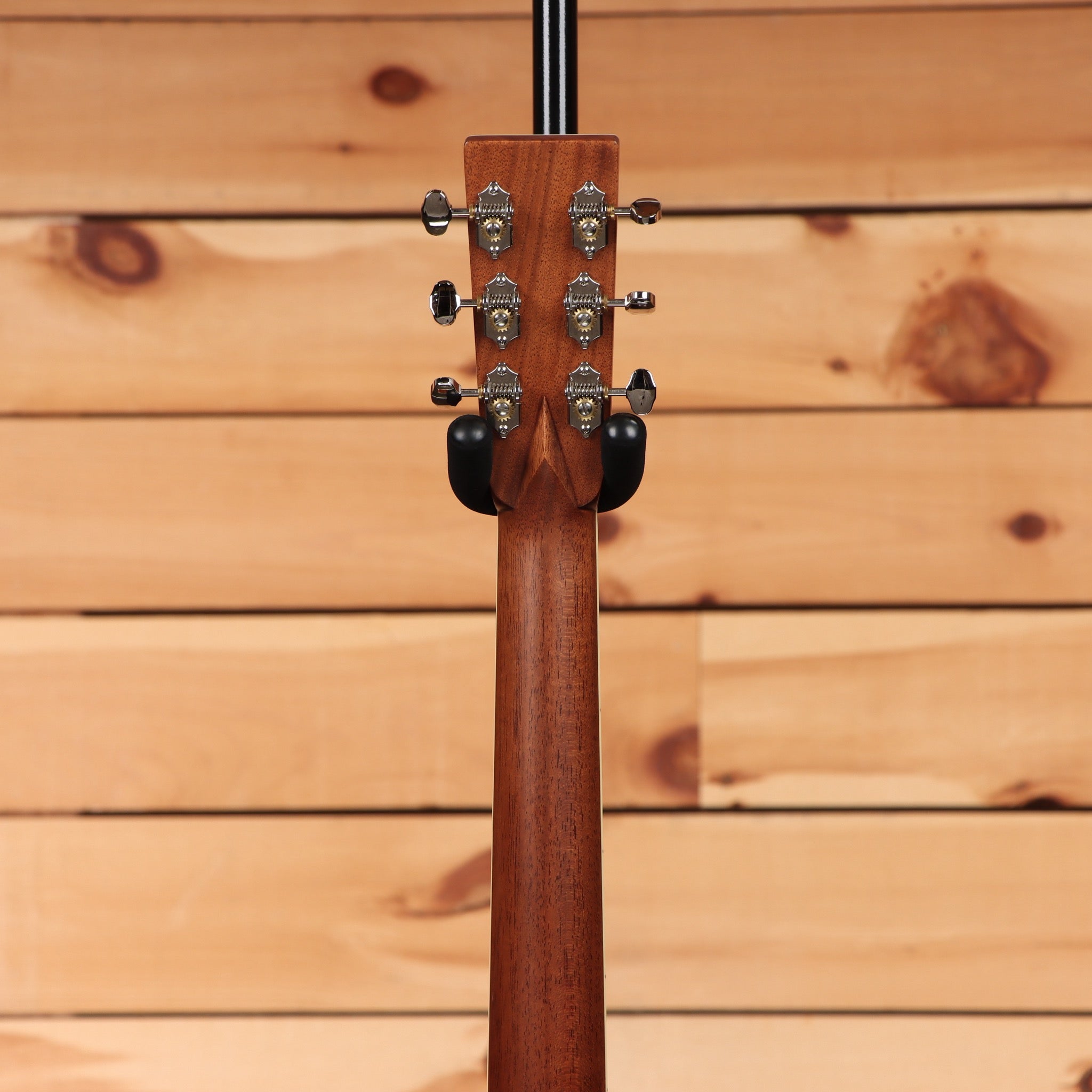 Bourgeois Downeast GAC Koa acoustic guitar Natural finish mahogany neck with chrome tuners rear headstock view