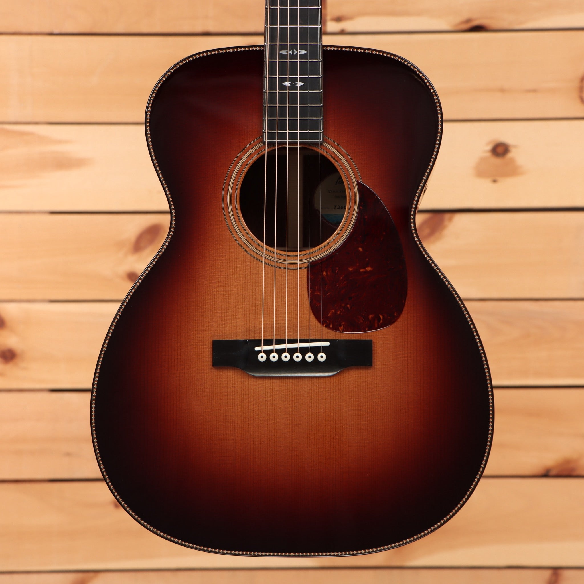 Bourgeois Touchstone Signature OM acoustic guitar Sunburst with tortoise pickguard and herringbone body binding