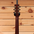 Bourgeois Touchstone Signature OM acoustic guitar Sunburst rear headstock view with gold tuners and mahogany neck