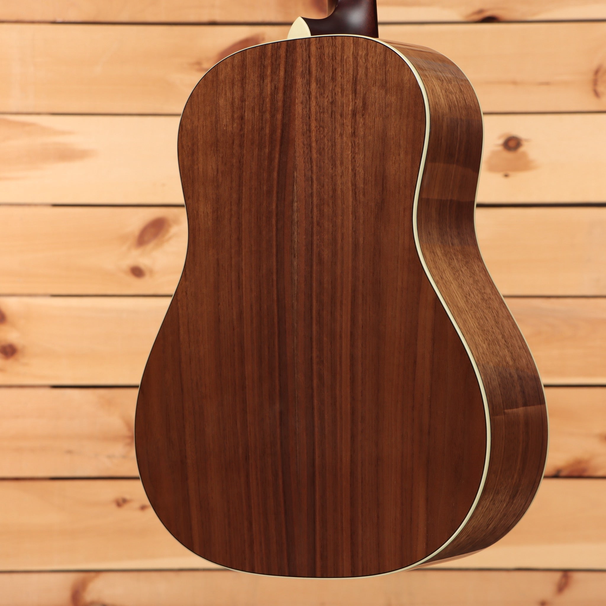 Bourgeois Downeast Slope D acoustic dreadnought guitar Natural finish with walnut back and sides binding detail