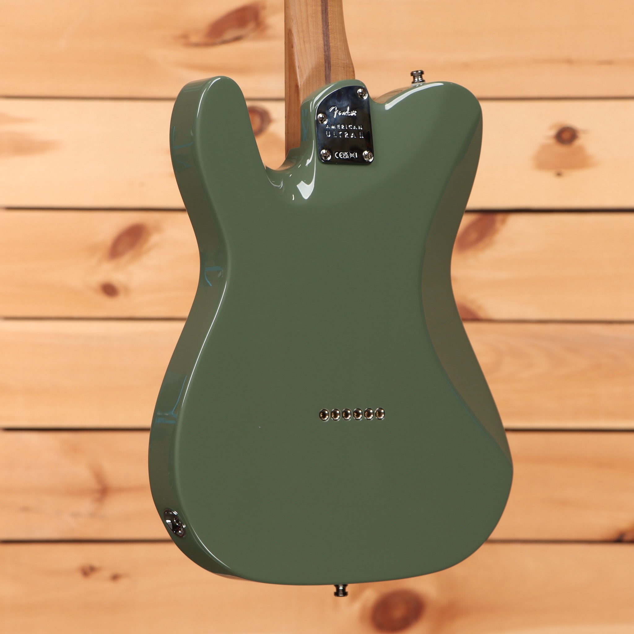 Fender American Ultra II Telecaster electric guitar Antique Olive finish with roasted maple neck back view