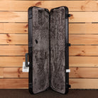 Fender American Ultra II Telecaster hard shell case open showing gray plush interior with molded black exterior