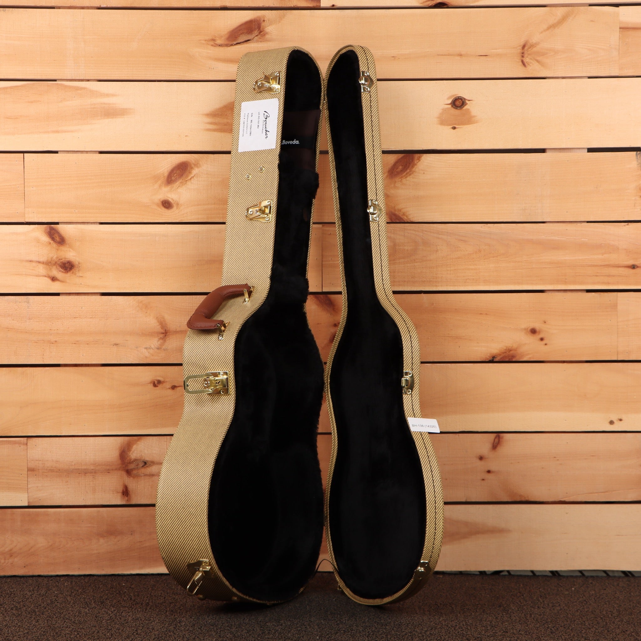 Boucher Limited LE-SG-161-MV guitar hard case open tweed exterior black plush interior gold hardware latches