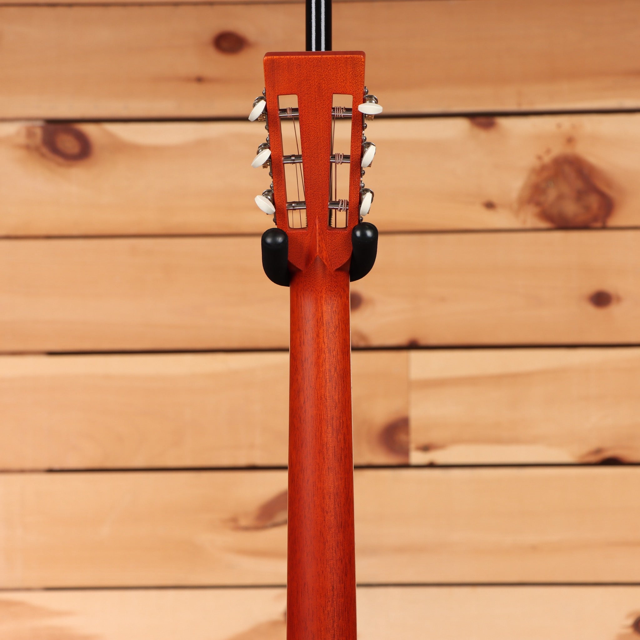 Boucher Limited LE-SG-161-MV Natural classical guitar rear headstock view with slotted mahogany neck and chrome tuners