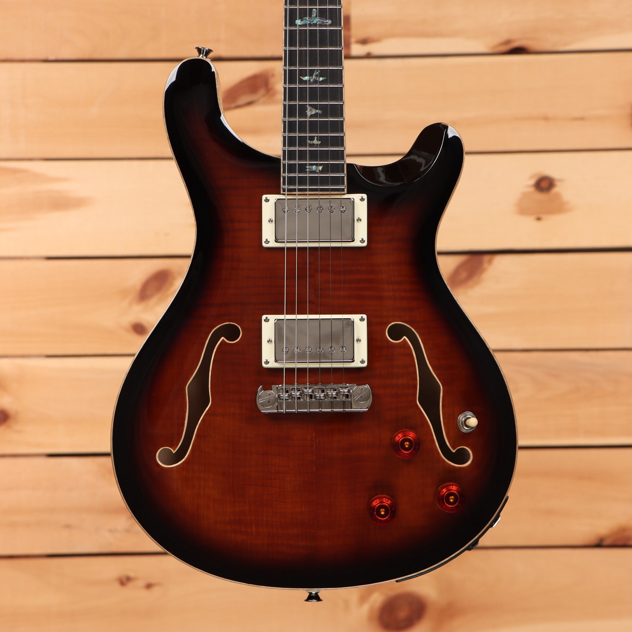 Paul Reed Smith SE Hollowbody Piezo semi-hollow electric guitar Black Gold Burst with flamed maple top and dual humbuckers