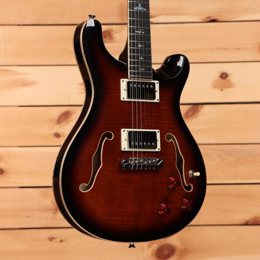 PRS SE Hollowbody Piezo semi-hollow electric guitar Black Gold Burst with flamed maple top and dual humbuckers