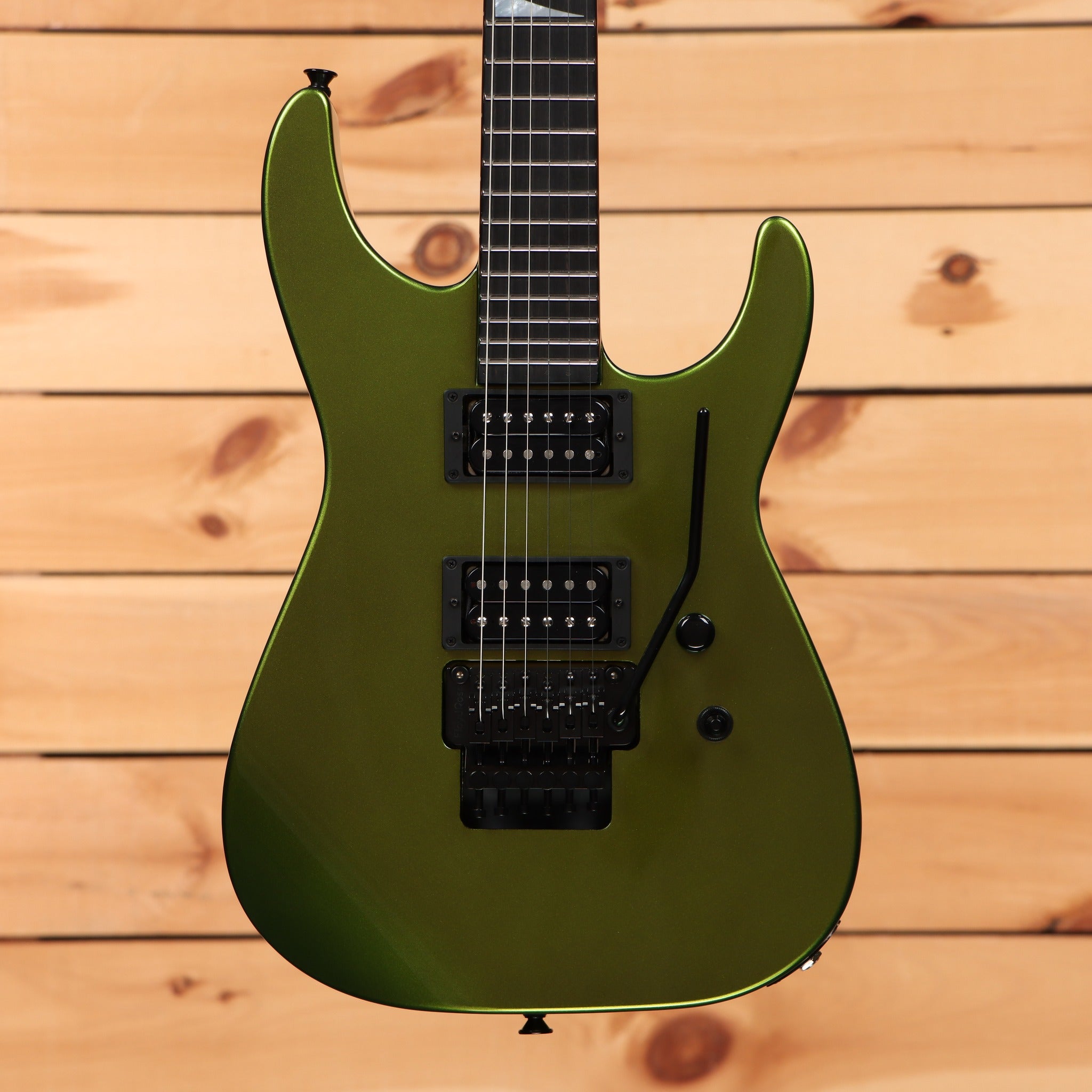 Jackson Righteous Run Custom Soloist electric guitar Green to Gold Shift finish with dual humbuckers and black Floyd Rose tre