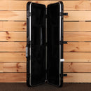 Jackson Righteous Run Custom Soloist guitar hard case open showing black plush interior with latches and aluminum binding