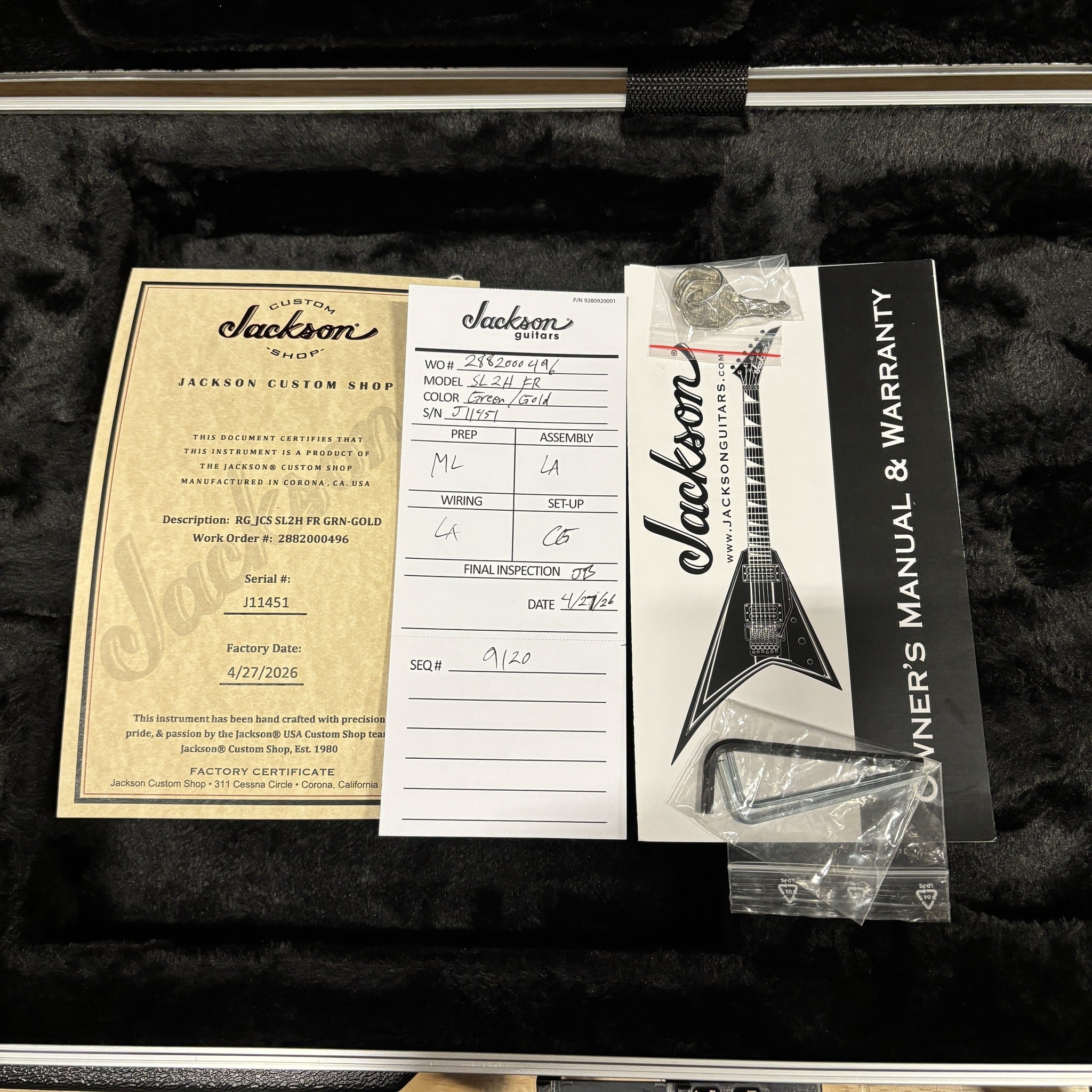 Jackson Righteous Run Custom Soloist Green to Gold Shift case candy with certificate of authenticity and owner's manual