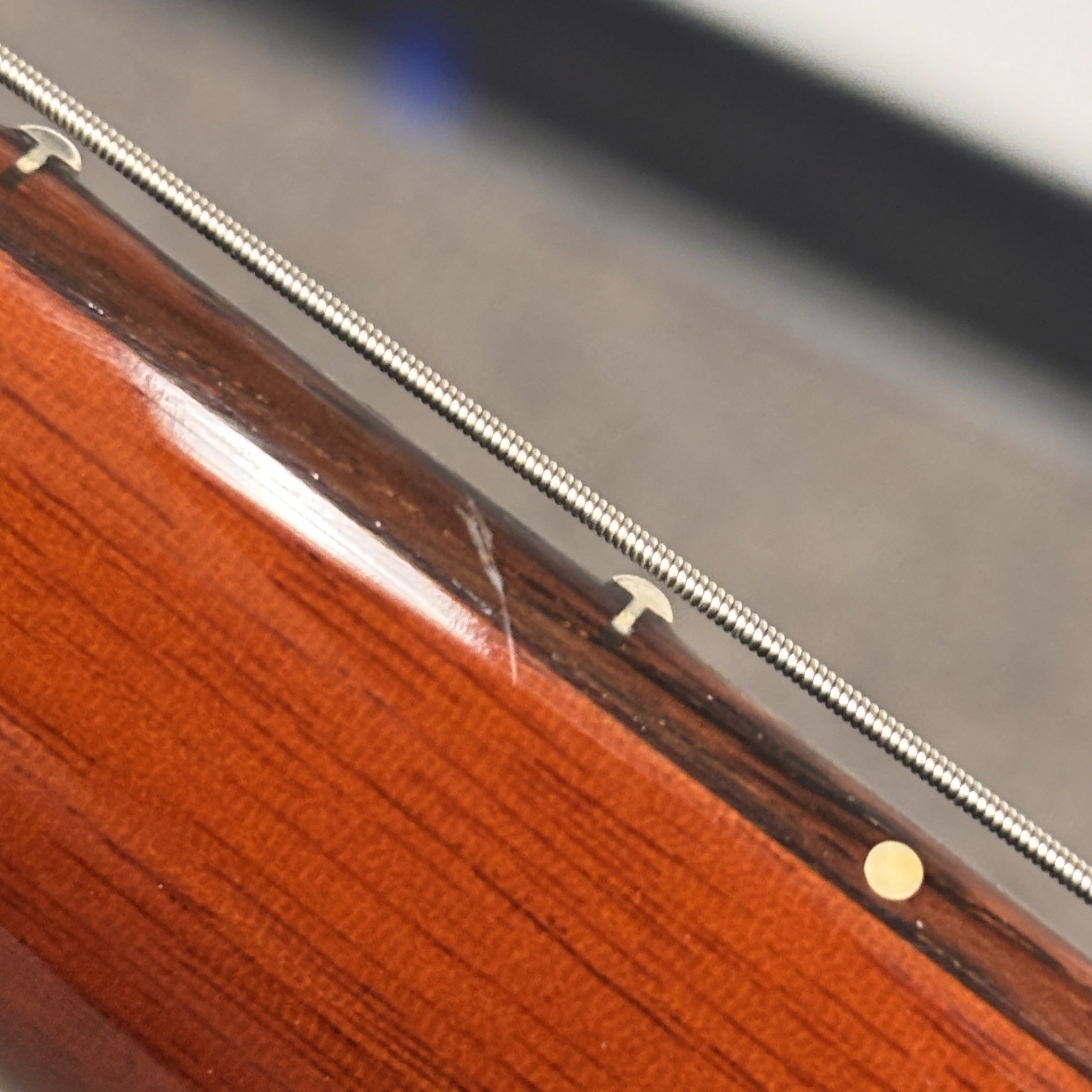 Paul Reed Smith S2 Singlecut Semi-Hollow Amber Sunburst close-up showing maple neck binding and fret detail