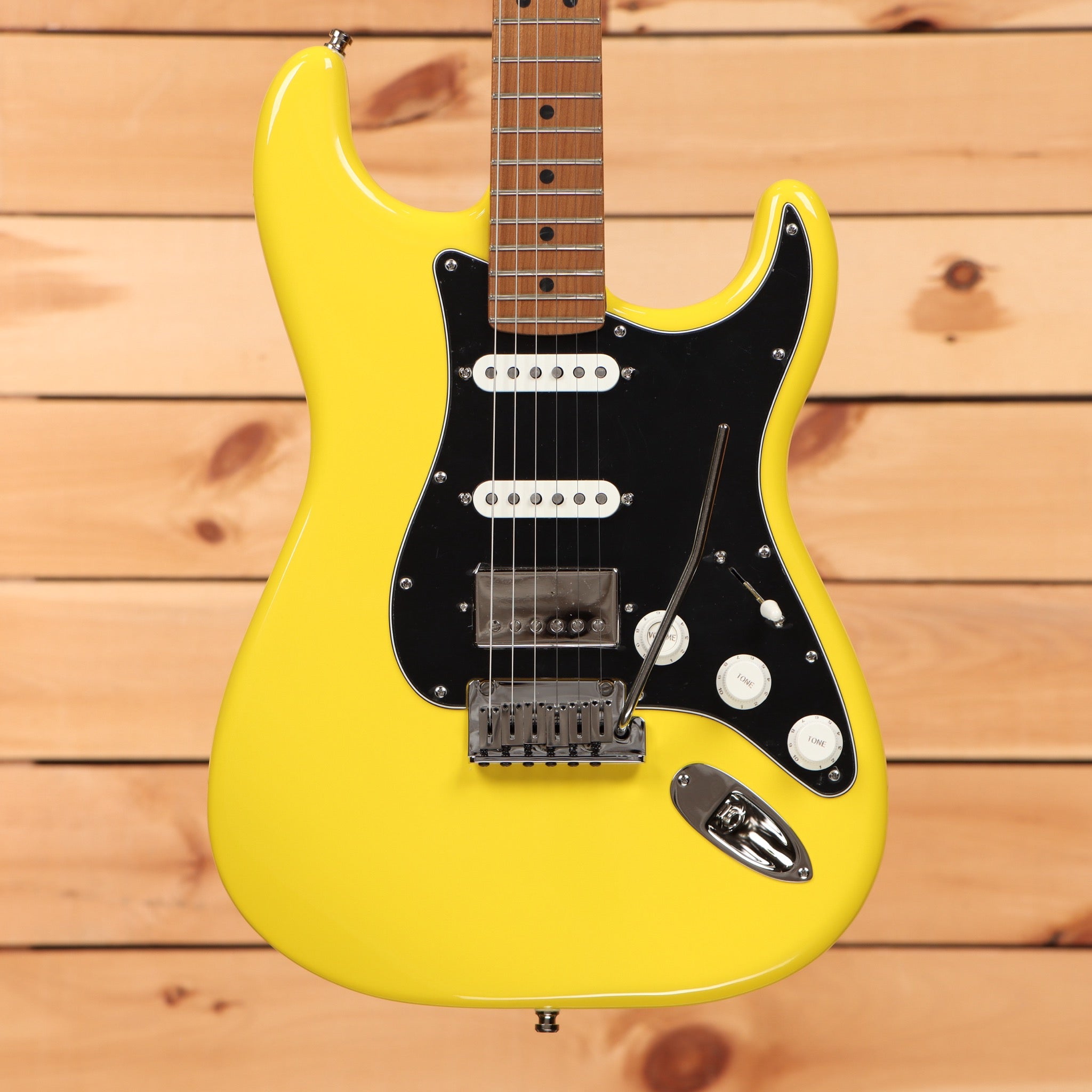 Fender Limited American Ultra II Stratocaster HSS electric guitar Graffiti Yellow with black pickguard and SSH pickup configu