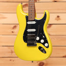 Fender Limited American Ultra II Stratocaster HSS electric guitar Graffiti Yellow with black pickguard and humbucker bridge p