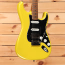 Fender Limited American Ultra II Stratocaster HSS electric guitar Graffiti Yellow with black pickguard and roasted maple neck
