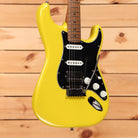 Fender Limited American Ultra II Stratocaster HSS electric guitar Graffiti Yellow with black pickguard and roasted maple neck