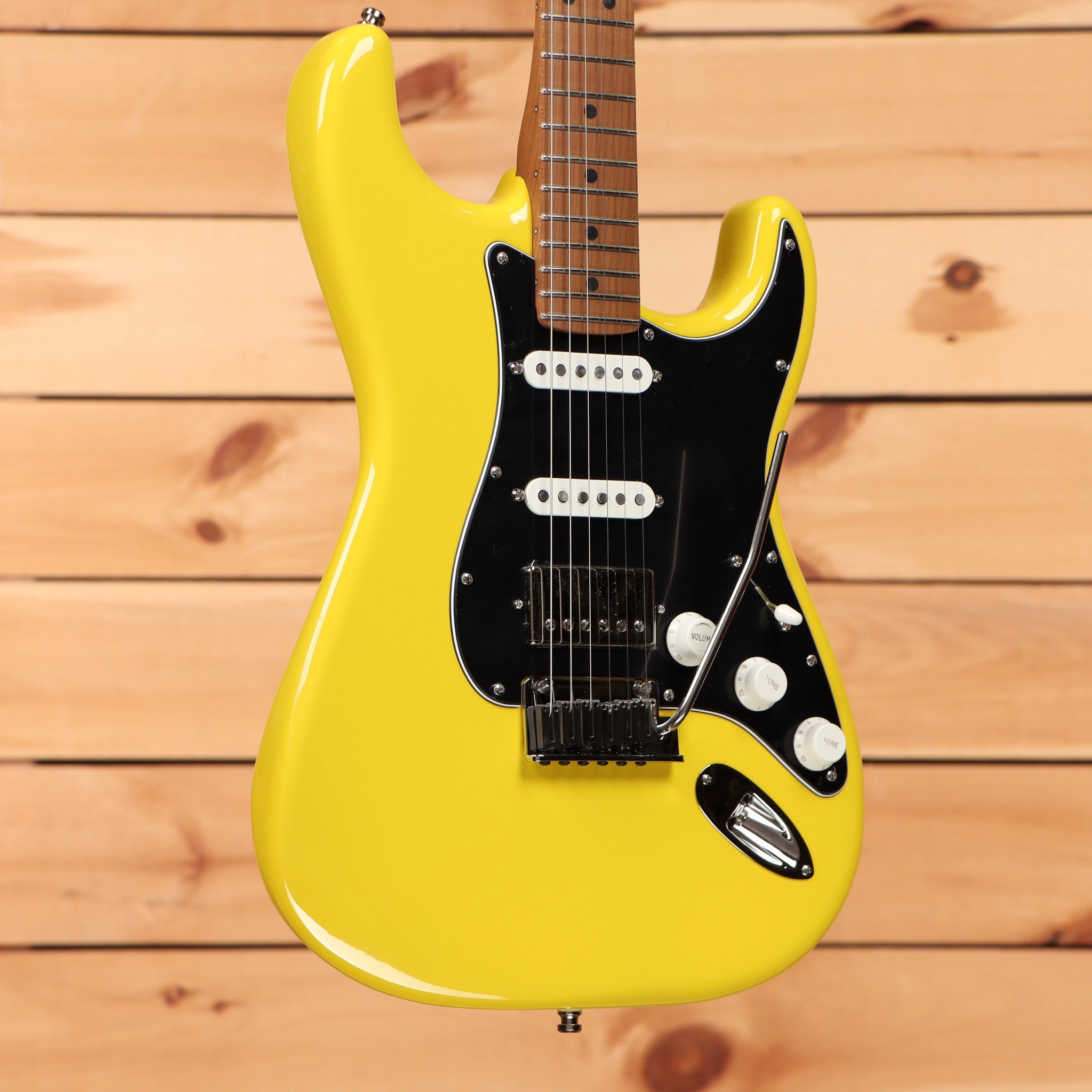 Fender Limited American Ultra II Stratocaster HSS electric guitar Graffiti Yellow with black pickguard and roasted maple neck