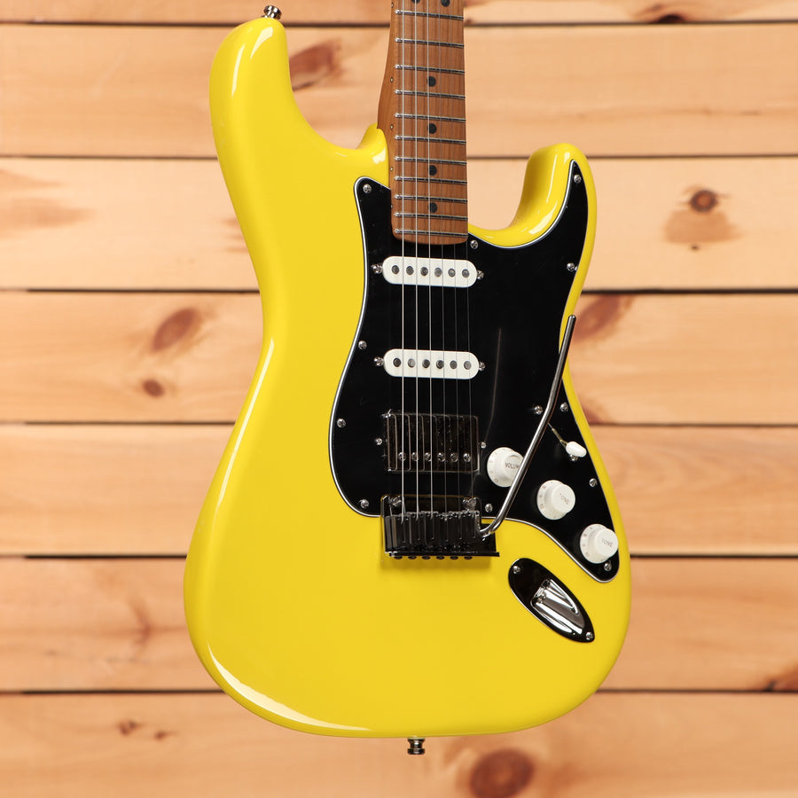 Fender Limited American Ultra II Stratocaster HSS electric guitar Graffiti Yellow with black pickguard and roasted maple neck