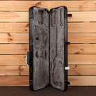 Fender American Ultra II Stratocaster HSS hard shell guitar case open showing gray plush interior foam padding