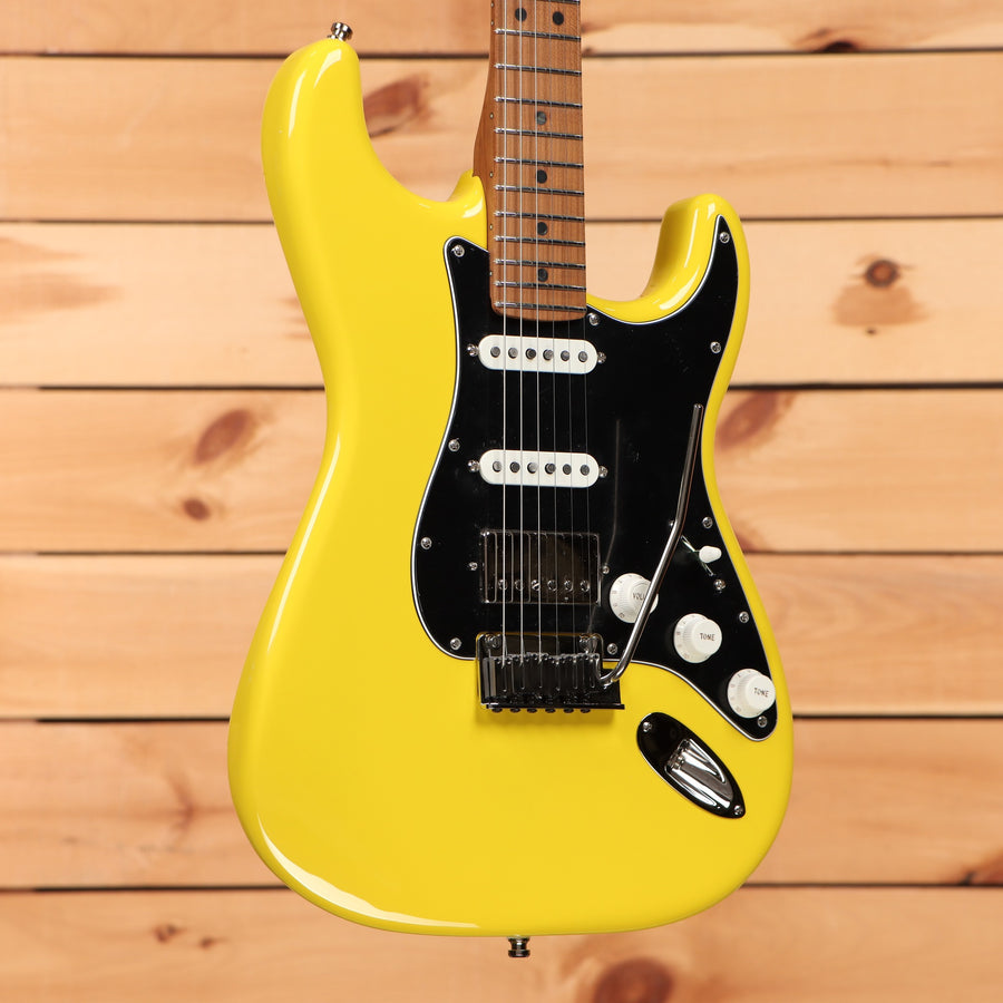 Fender Limited American Ultra II Stratocaster HSS electric guitar Graffiti Yellow with black pickguard and HSS pickup configu