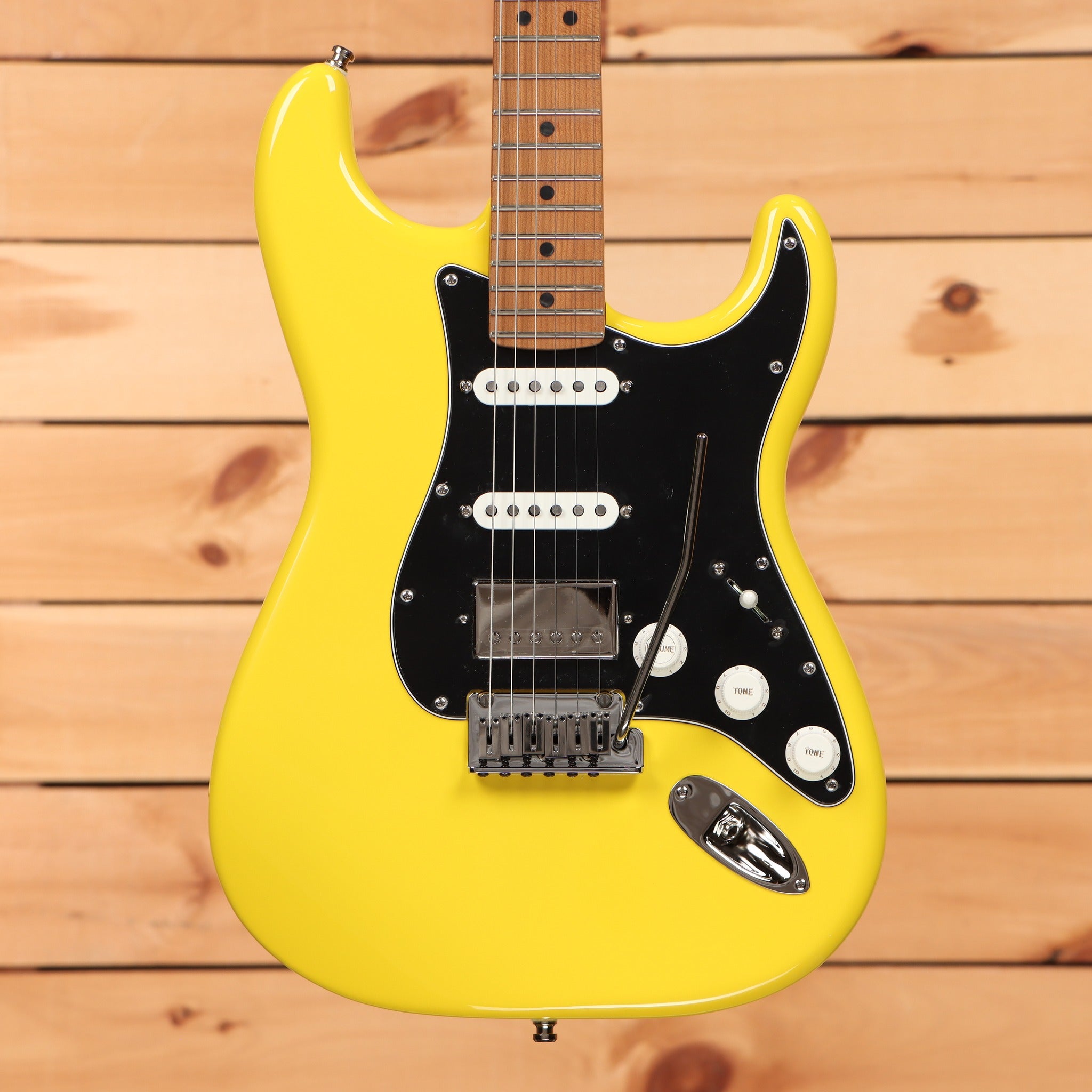 Fender Limited American Ultra II Stratocaster HSS electric guitar Graffiti Yellow with black pickguard and roasted maple neck