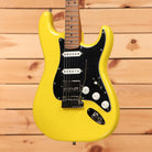 Fender Limited American Ultra II Stratocaster HSS electric guitar Graffiti Yellow with black pickguard and roasted maple neck