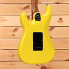 Fender Limited American Ultra II Stratocaster HSS electric guitar Graffiti Yellow with roasted maple neck back view