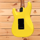 Fender Limited American Ultra II Stratocaster HSS electric guitar Graffiti Yellow with roasted maple neck back view