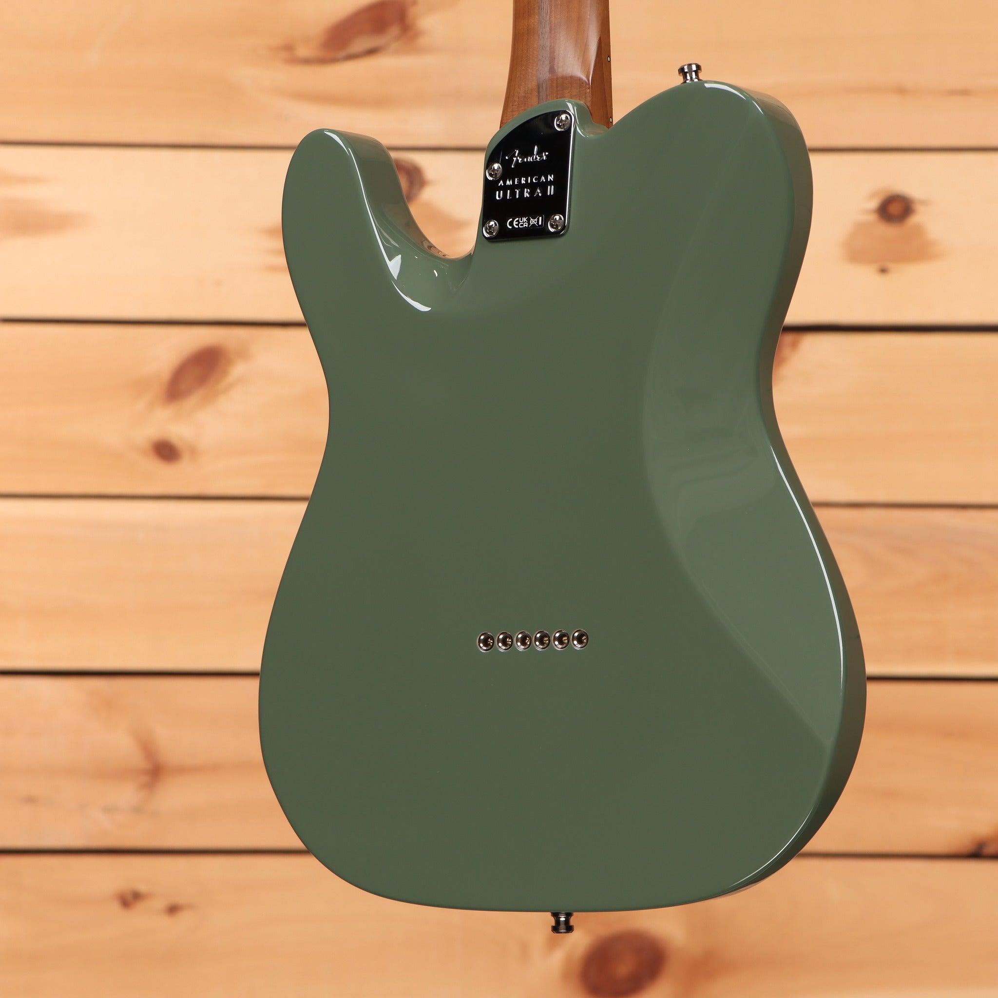 Fender Limited American Ultra II Telecaster electric guitar Antique Olive with roasted maple neck rear view