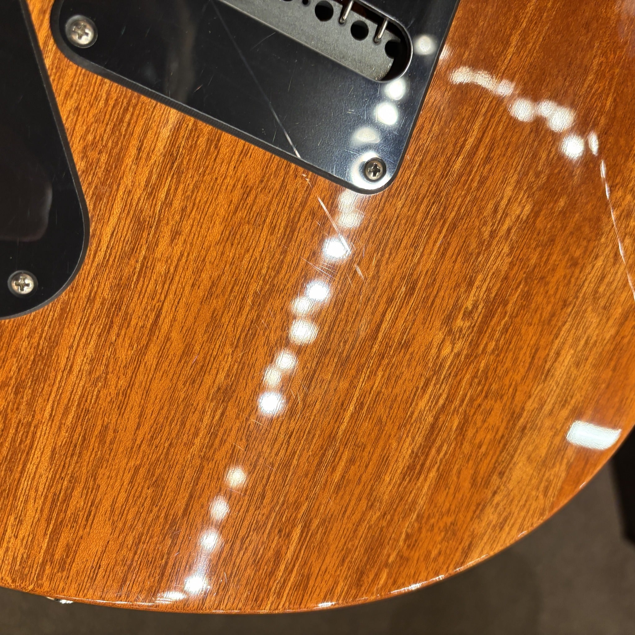 PRS CE 24 Semi-Hollow electric guitar Trampas Green natural mahogany body with black hardware close-up detail