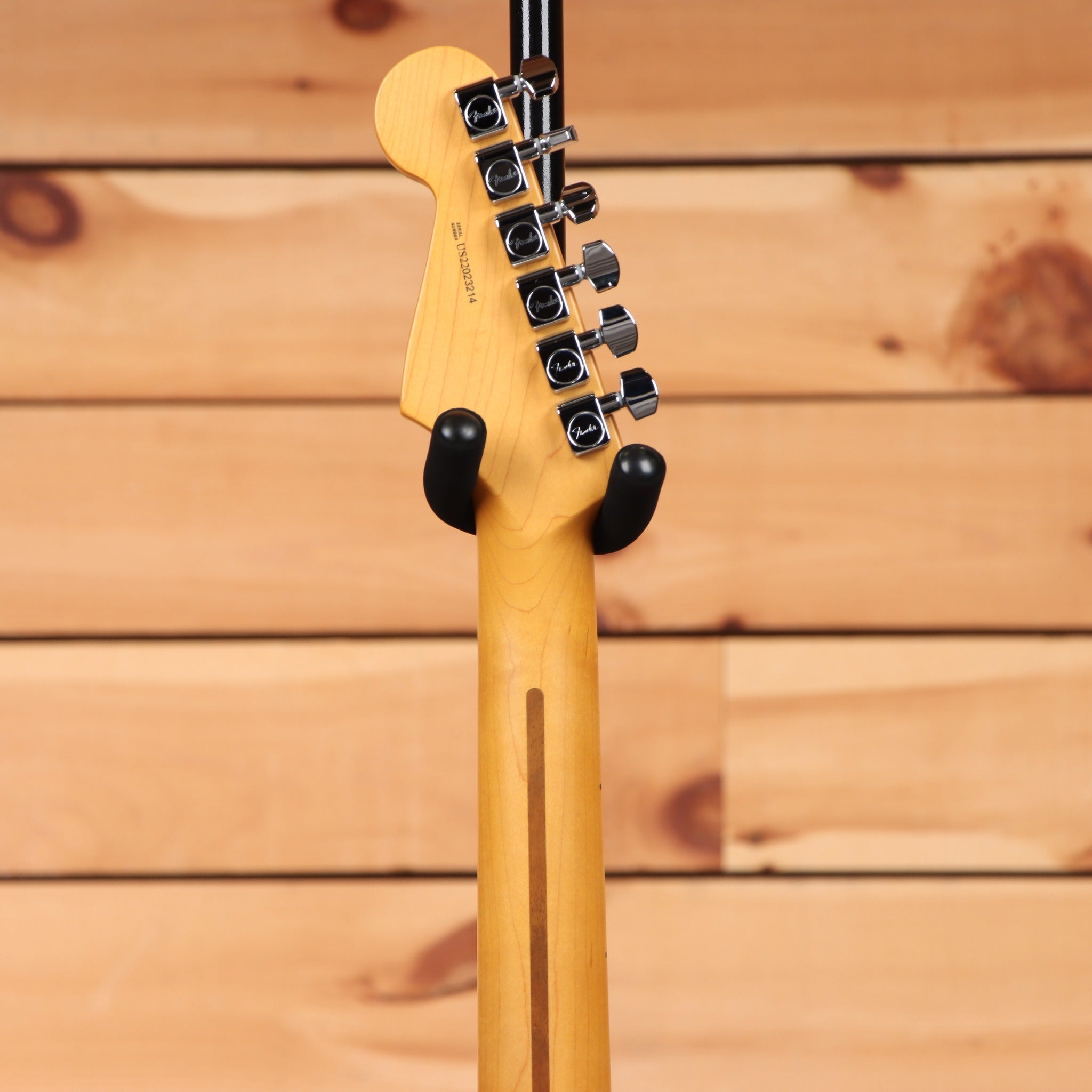 Fender American Professional II Stratocaster electric guitar Black showing maple neck back with chrome Fender tuners