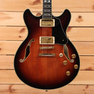 Ibanez JSM100 semi-hollow electric guitar Vintage Sunburst with flamed maple top and gold hardware humbuckers