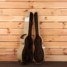 Boucher HG-56-M acoustic guitar hardshell case tweed exterior with brown plush interior and gold hardware latches