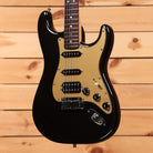 Fender American Deluxe Stratocaster HSS electric guitar Montego Black with gold anodized pickguard and rosewood fretboard