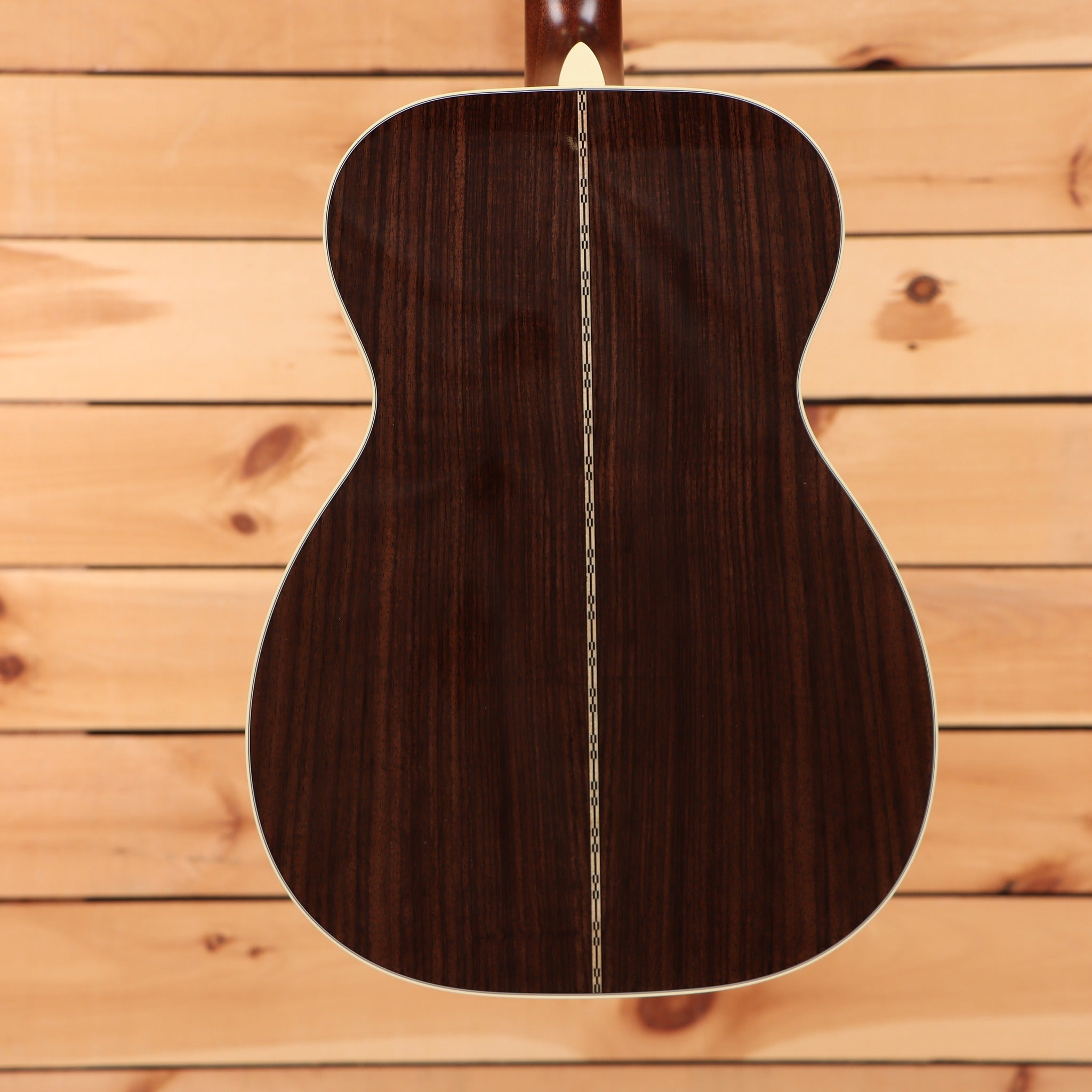 Martin 00-28 Natural acoustic guitar back view with rosewood back and decorative center seam inlay strip
