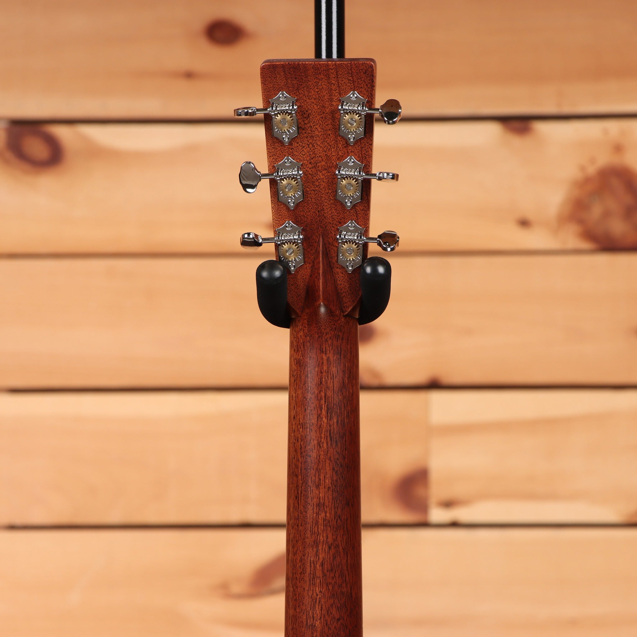 Martin 00-28 acoustic guitar Natural finish rear headstock view with mahogany neck and chrome Grover tuners