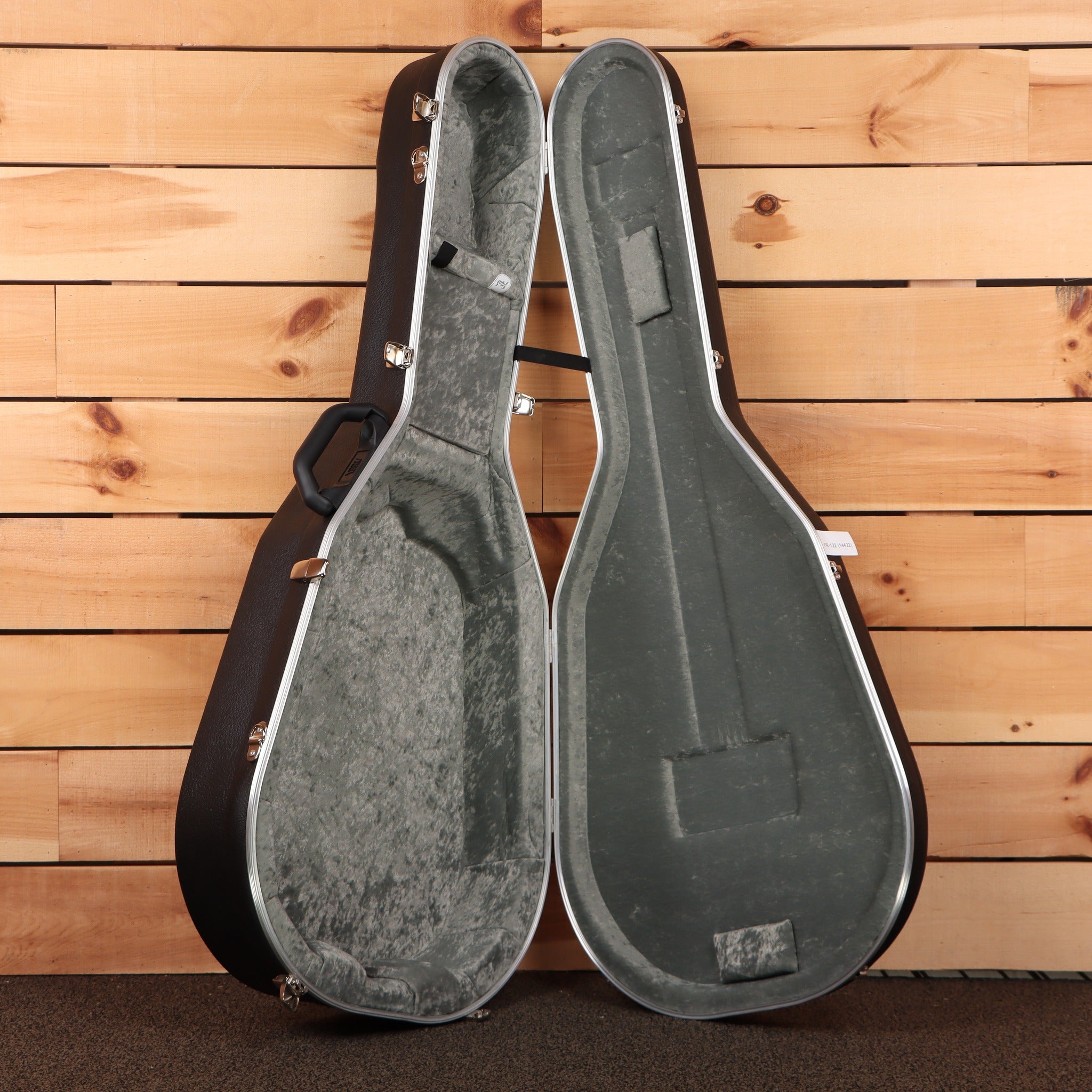 Furch Blue BARc-SWa acoustic guitar hardshell case open showing gray plush interior with neck support