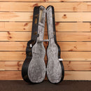 Eastman L-OMCE-QS guitar hard case open black exterior gray interior with gold hardware latches