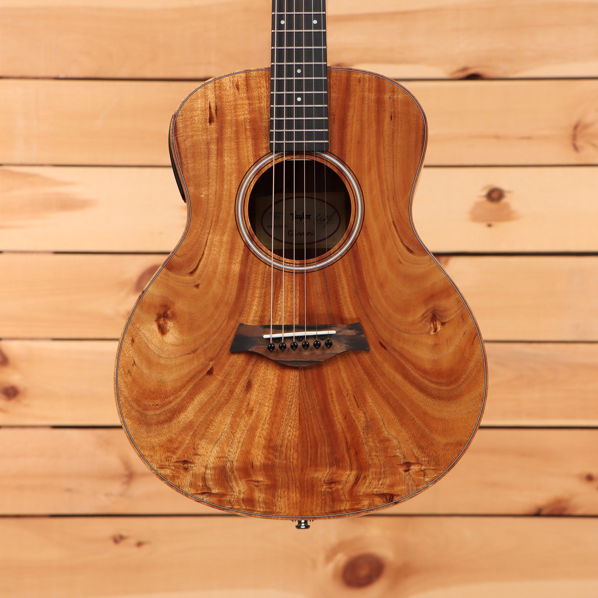 Taylor GS Mini-e Koa acoustic-electric guitar Natural with figured koa top and ebony fretboard
