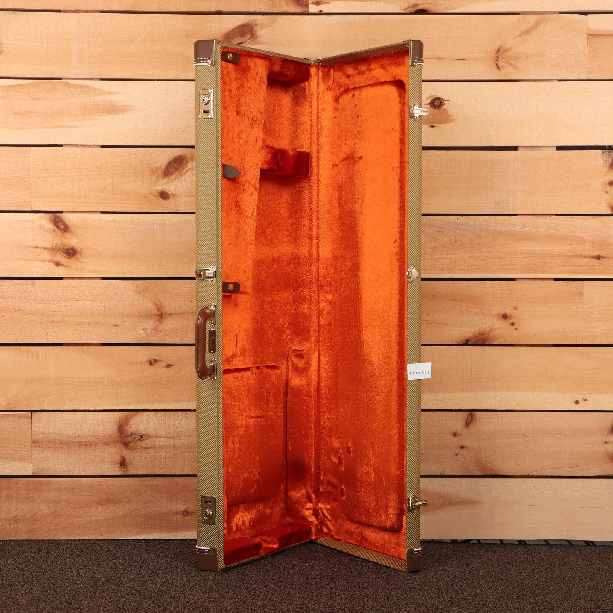 Fender Eric Clapton Stratocaster guitar case tweed exterior with orange velvet interior open view