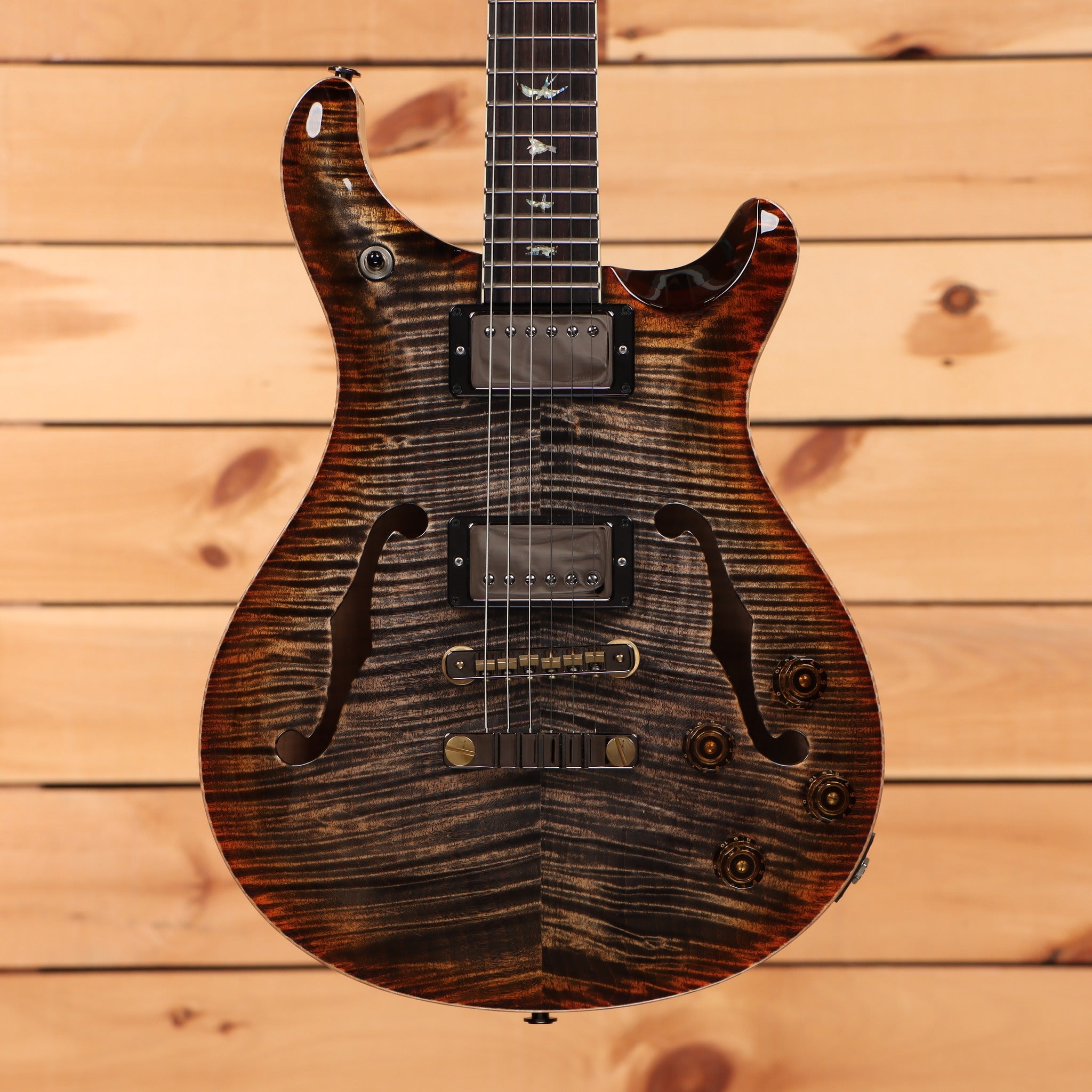 PRS McCarty 594 Hollowbody II Wood Library semi-hollow electric guitar Charcoal Cherry Burst with figured maple top